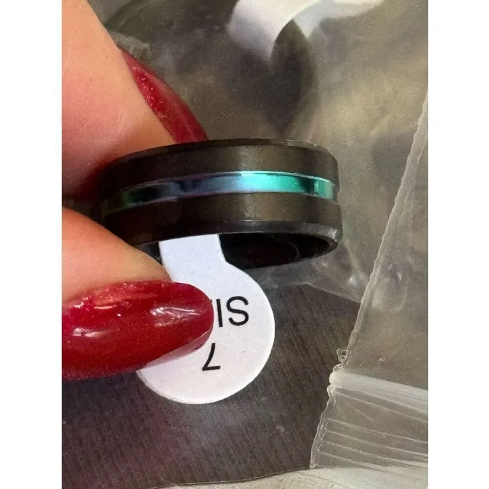 Wedding Band, Size 7 Black Titanium Ring w/ Multi-colored Stripe